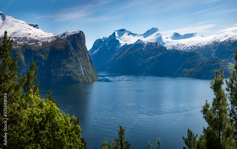 Beautiful view of Norwegian fjord opening, leading to Geiranger