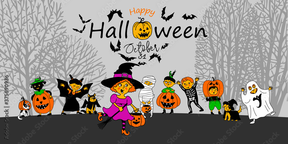 Fototapeta premium Happy Halloween. Halloween party. Children dressed in a Halloween costume. Banner. Vector. Design concept for party invitations, greeting cards, posters