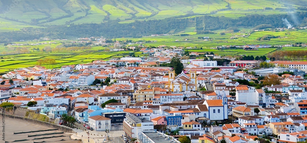 Cityscape and Landscape in Terceira Island, Azores, Portugal.  Aerial view