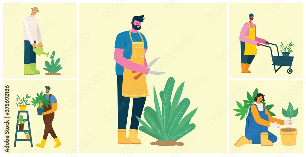 Young man and woman gardener holding a flower pot. Vector illustration in a flat style Young man and woman gardener holding a flower pot. Vector illustration in a flat style