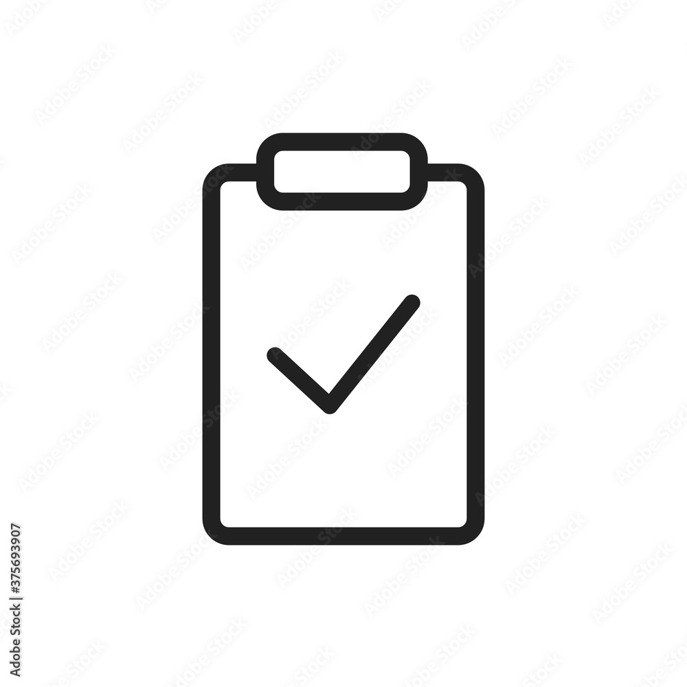 Thin line clipboard icon with outline check mark on it. Agenda priority checklist board conceptual vector illustration. Tick checkmark on an abstract paper report page. Contract policy verification V6 Thin line clipboard icon with outline check mark on it. Agenda priority checklist board conceptual vector illustration. Tick checkmark on an abstract paper report page. Contract policy verification V6