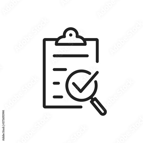 Policy compliance icon with checklist verification with loupe. Quality control result check on paper form with clipboard. Outline business audit report document with checkmark. Editable line vector V4