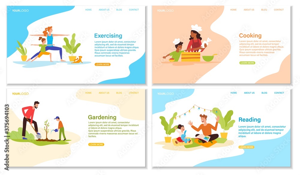 Set of four activities with parents and kids showing gardening, exercising, cooking and reading, colored vector illustration