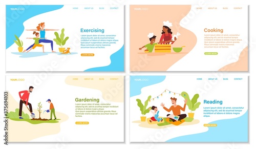 Set of four activities with parents and kids showing gardening, exercising, cooking and reading, colored vector illustration