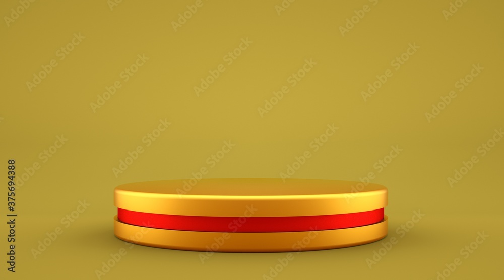 Pedestal of golden Platform disk display with red strip inlay , modern stand podium on yellow room background. Blank Exhibition stage backdrop or empty product shelf. 3D rendering.
Pedestal of golden Platform disk display with red strip inlay , modern stand podium on yellow room background. Blank Exhibition stage backdrop or empty product shelf. 3D rendering.