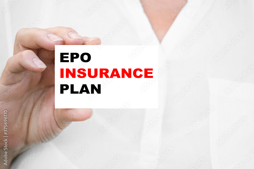 THE GIRL holds the card EPO INSURANCE PLAN Business concept THE GIRL holds the card EPO INSURANCE PLAN Business concept