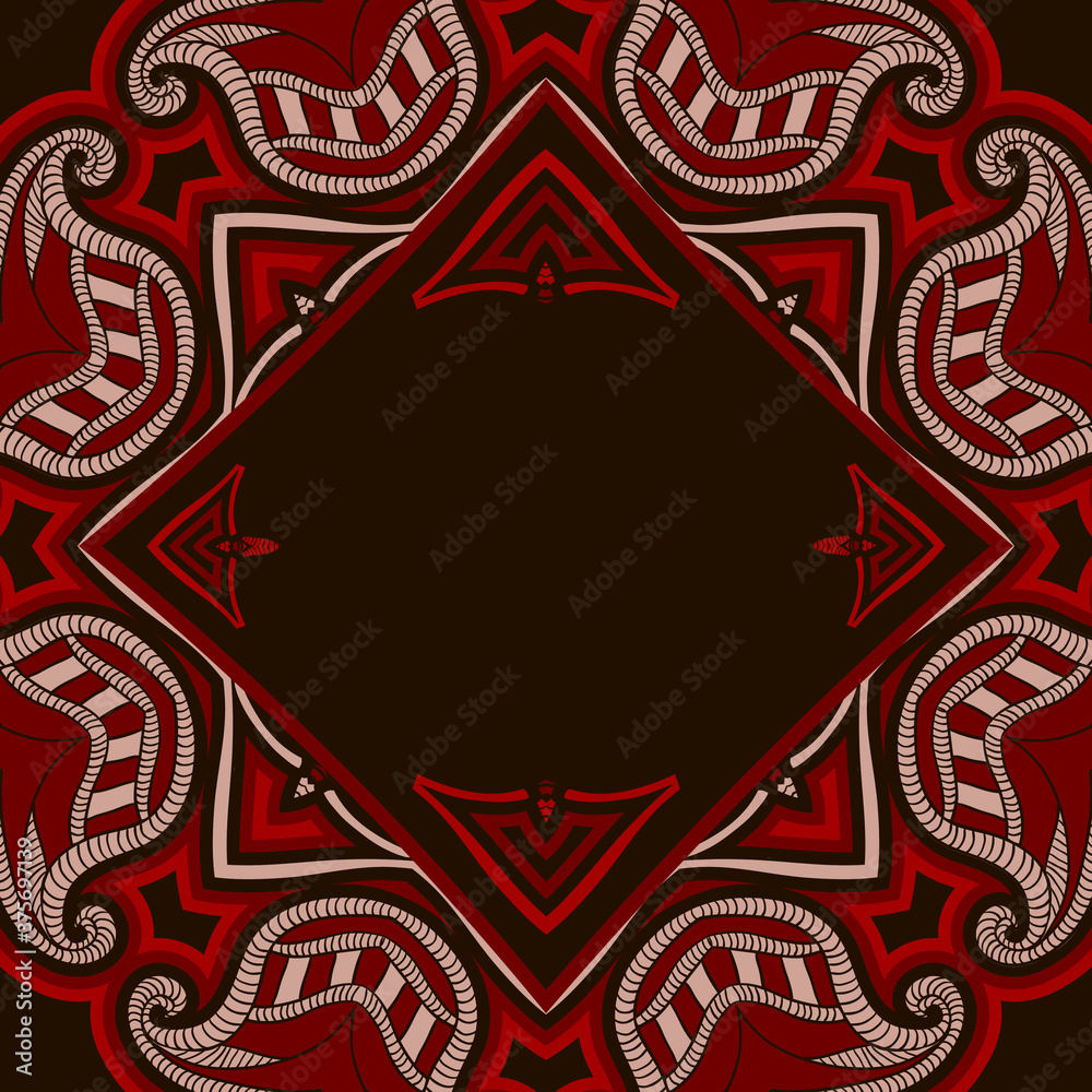 Greeting card template, patterned dark mandala background.