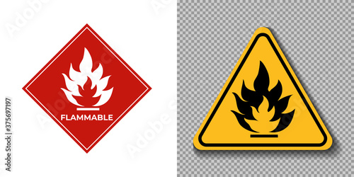 Flammable material sign, symbol, icon, logo. Triangle yellow sign of GHS hazard pictogram on white and trasparent background. Vector illustration