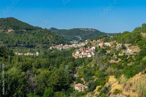 View of a beautiful rural town located on the side of a mountain surrounded by a lot of very green vegetation