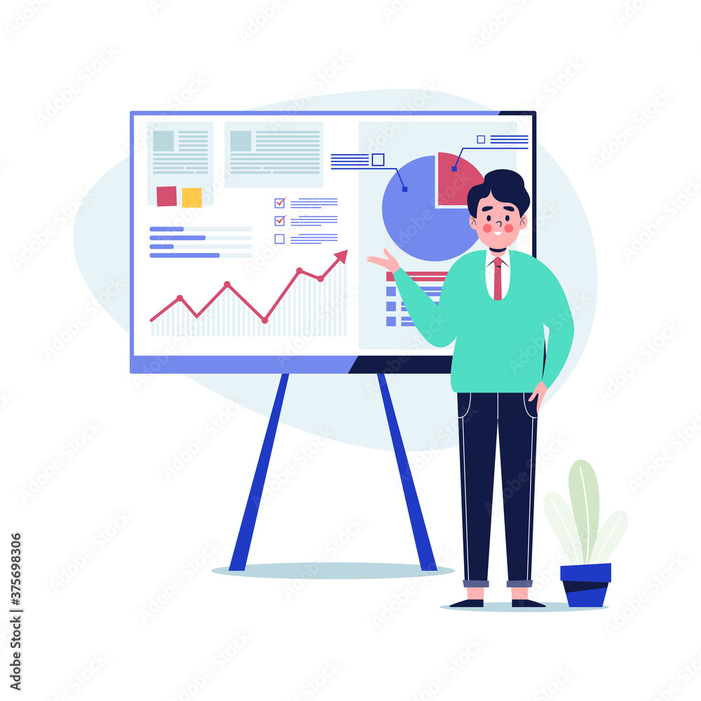 Businessman presentation graph growing business concept. Flat design vector illustration