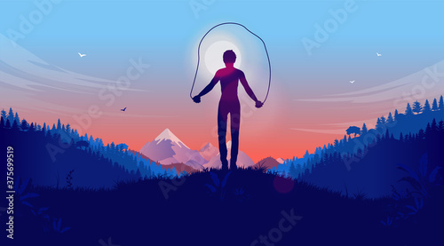 Jump rope - Woman jumping rope and exercise outdoors in nature. Forest and mountains in background. Workout alone, healthy and motivational concept. Vector illustration. © Knut