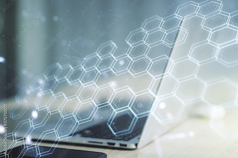 Obraz premium Creative abstract wireless technology hologram with hexagon on modern computer background, artificial intelligence and machine learning concept. Multi exposure