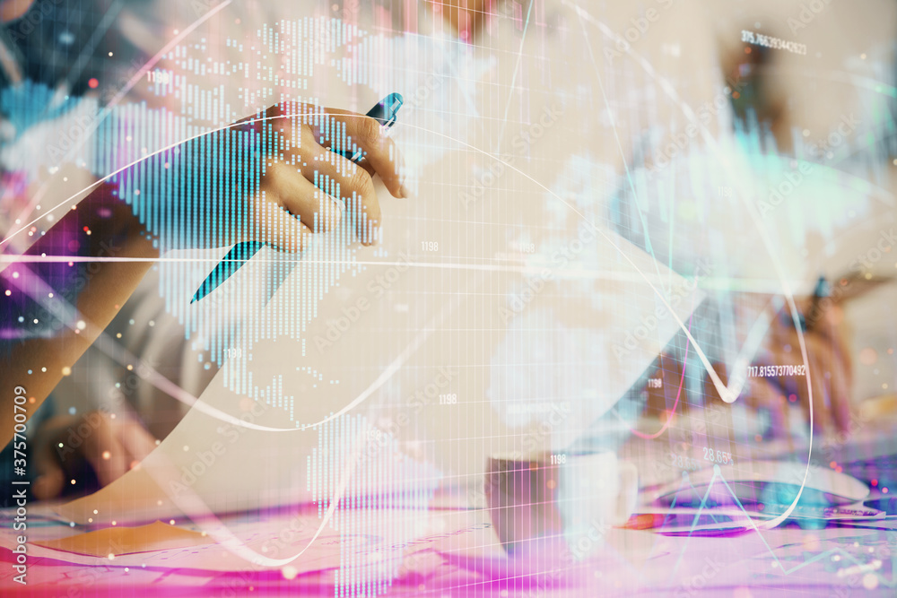 Double exposure of business theme drawing over people taking notes background. Concept of financial world