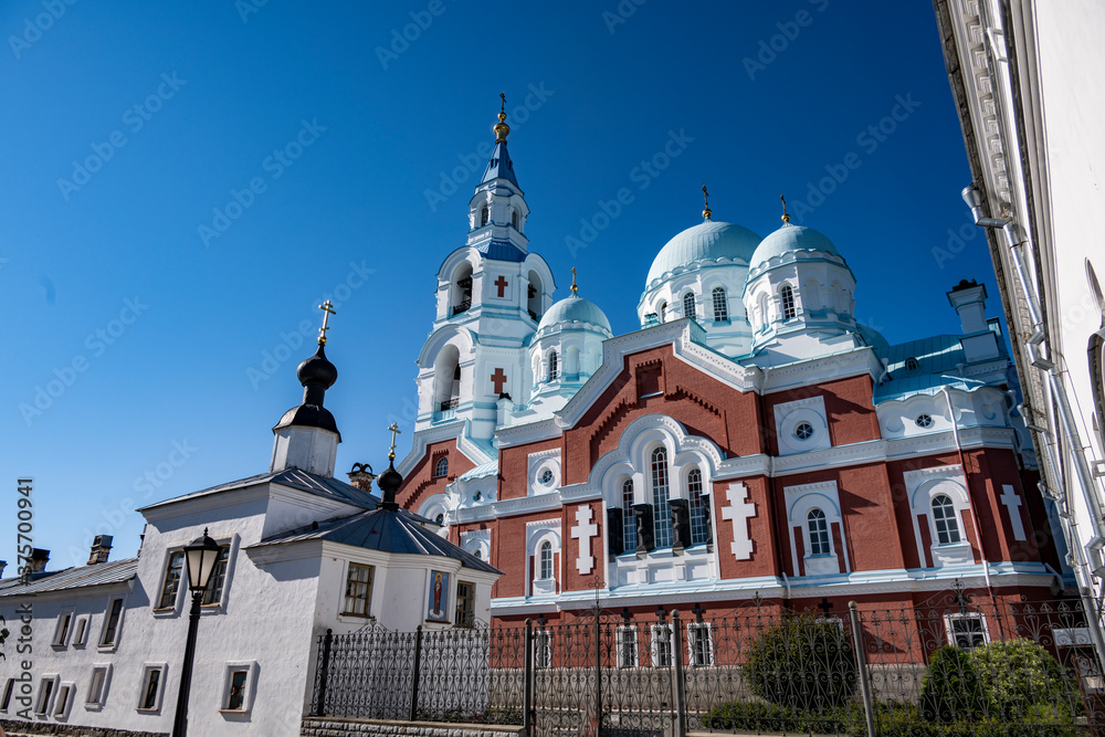 summer views of architectural ancient buildings on the pilgrim island on Lake Ladoga