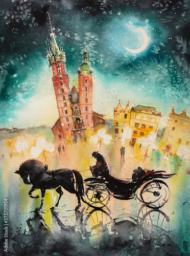 Old town, Kracow, Poland at night with chaise and Mariacki Church in background. Picture created with watercolors.