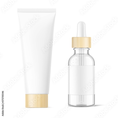 Dropper bottle with cream tube mockup isolated on white background. Vector illustration. Сan be used for cosmetic, medical and other needs. EPS10.	