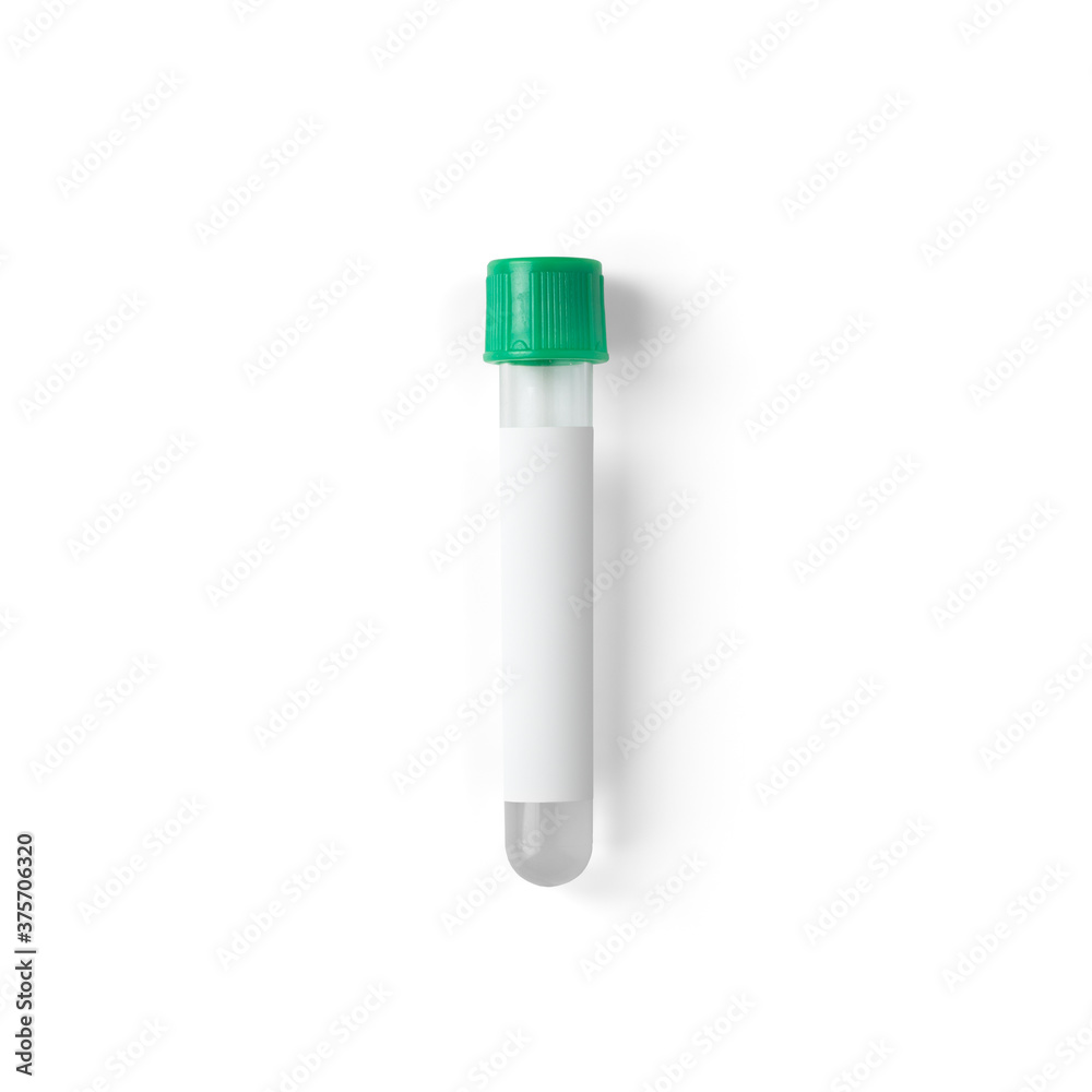 Test tube with green plug isolated on white background. Vacuum tube for collecting blood samples in the lab. Test tube with green plug isolated on white background. Vacuum tube for collecting blood samples in the lab.