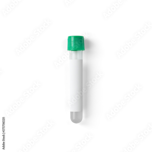 Test tube with green plug isolated on white background. Vacuum tube for collecting blood samples in the lab.