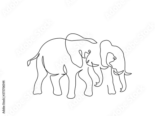 Couple elephants walking. one line art drawing