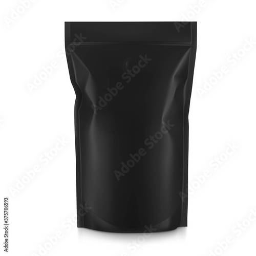 Black food pouch bag isolated on white background. Vector illustration. Front view. Can be use for template your design, presentation, promo, ad. EPS10.	