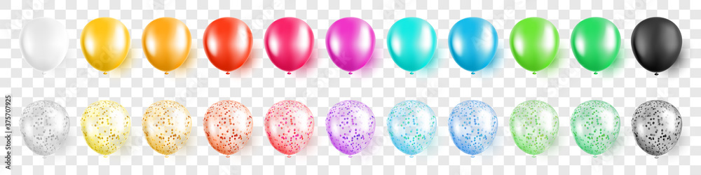 Colorful party balloons with confetti set on transparent background isolated vector illustration - obrazy, fototapety, plakaty 
