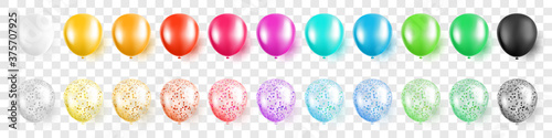 Colorful party balloons with confetti set on transparent background isolated vector illustration