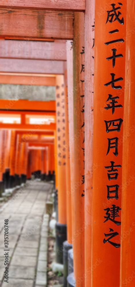 Focus on the back of a Torii, a traditional Japanese gate most commonly found at the entrance of or within a Shinto shrine, where it symbolically marks the transition from the mundane to the sacred. Focus on the back of a Torii, a traditional Japanese gate most commonly found at the entrance of or within a Shinto shrine, where it symbolically marks the transition from the mundane to the sacred.