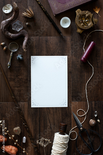 autumn themed collection of curiosities flat lay mockup with copyspace, witchy things on desk with room for copy or art mock up