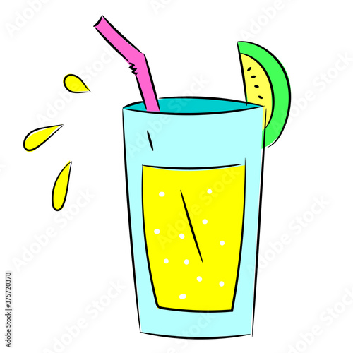 Blue glass cocktail with yellow drink, with juice tube and citrus slice. Splashes of juice.