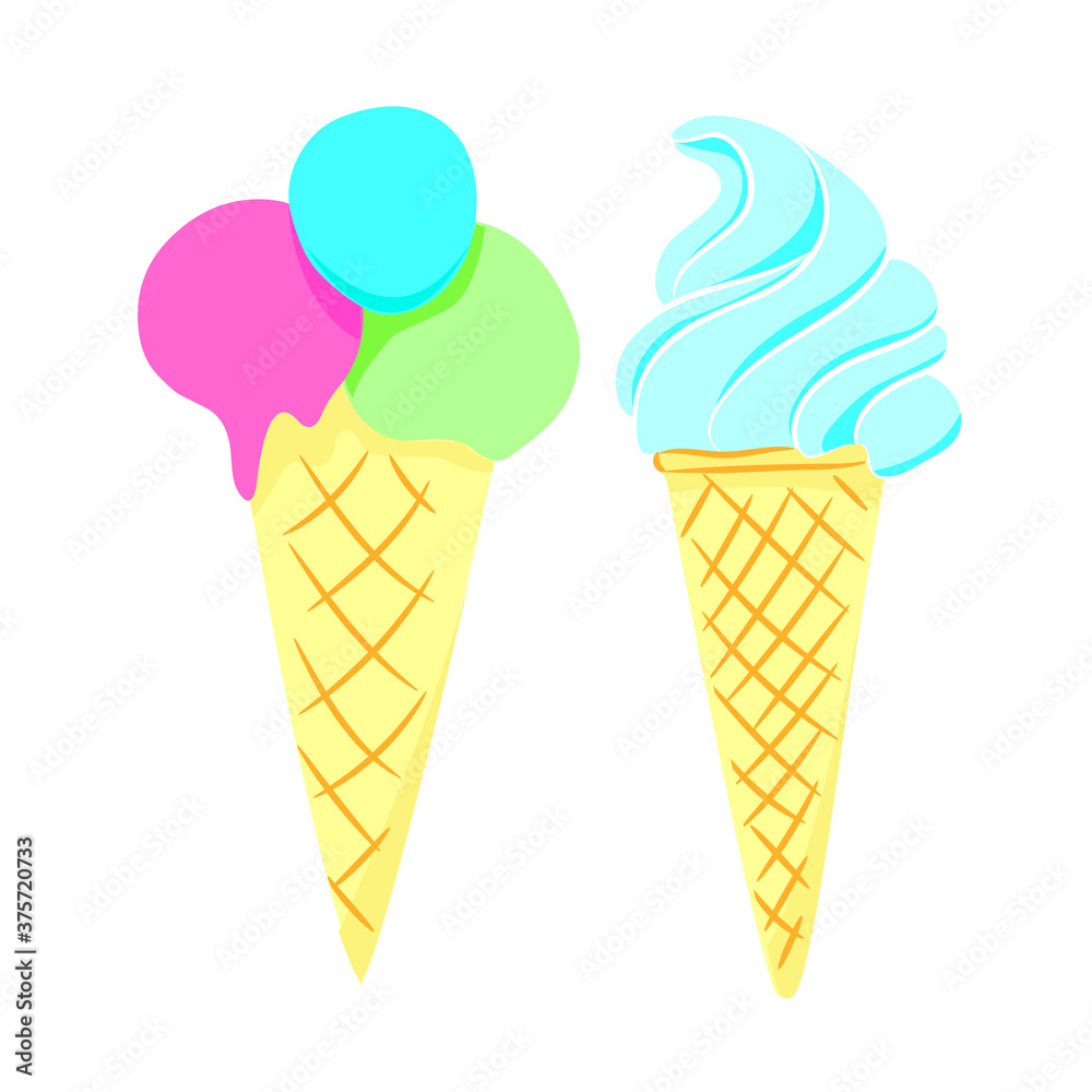 Waffle cone ice cream, ice cream balls. Vector sketch doodle