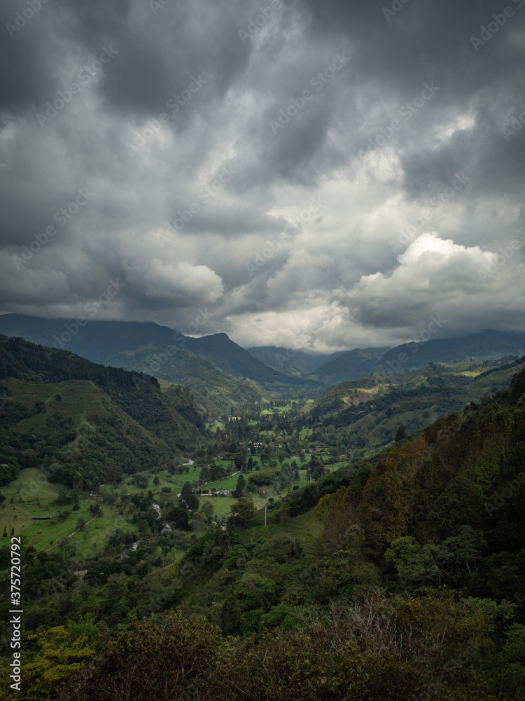 Moody vertical landscape of mountains and green valley  and forest with trees with a beautiful dark sky with clouds in Salento, Colombia
