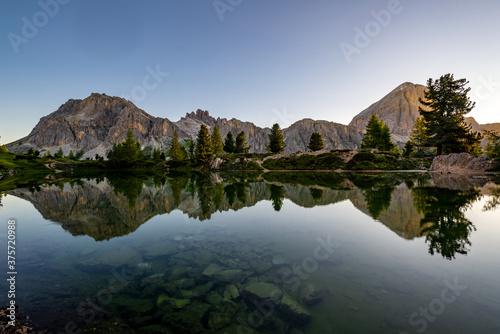 Limides lake in Italian Dolomities at the sunrise