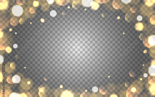 Gold bokeh frame on transparent backdrop. Christmas decoration template. Golden border with blurred elements. Shining glitter effect for a greeting card. Vector illustration