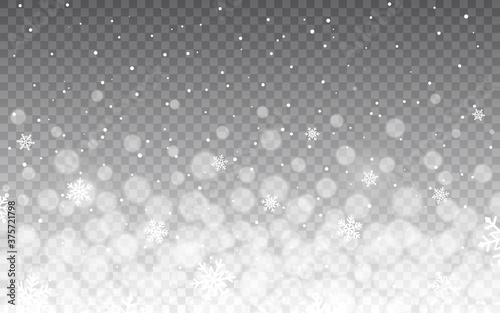 Bokeh lights with white snow flakes. Defocused particles on transparent background. Christmas falling snowflakes template. Greeting card layout. Vector illustration