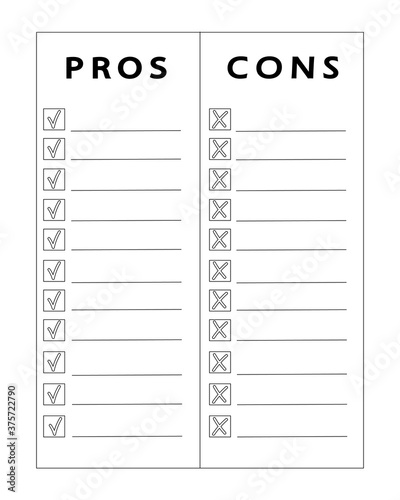 Pros and cons comparing, plus and minus, positive and negative concept. Survey or making decision list. Vector graphic illustration
