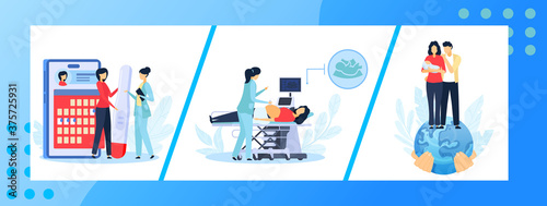 Pregnancy medicine vector illustration set. Cartoon flat pregnant woman patient at doctor medical appointment, ultrasound hospital examination, happy parents with newborn child healthcare collection