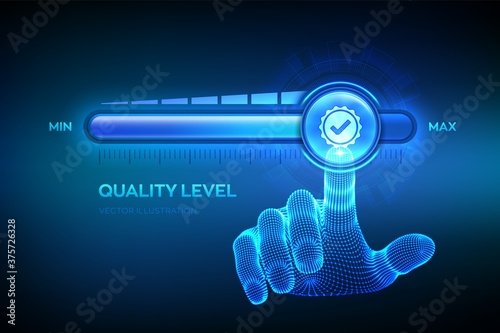 Quality levels growth. Wireframe hand is pulling up to the maximum position progress bar with the quality icon. Quality improvement assurance certification service concept. Vector illustration. photo