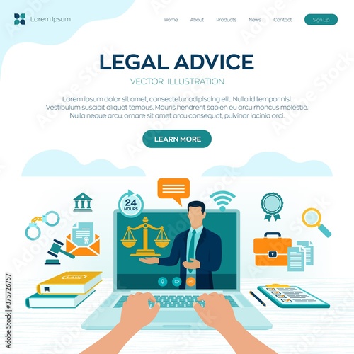 Online Legal advice concept. Labor law, Lawyer, Attorney at law. Lawyer website on laptop screen. Professional law attorney consultation online, legal assistance in business. Vector illustration.