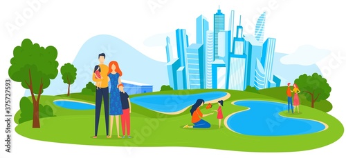 Family at summer city park vector illustration. Cartoon flat mother father and children, family characters spend time together at urban green park with skyscraper tower buildings isolated on white