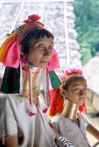 Portrait of two Long necked Padaung tribe women, Mae Hong Son Province, northern Thailand, Asia photo