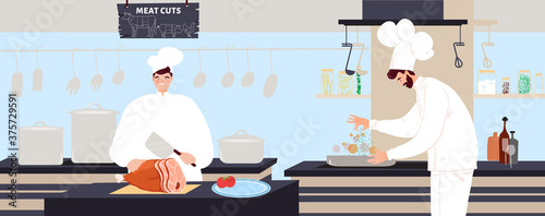 Chef cooks meat vector illustration. Cartoon happy butcher character holding knife cleaver and fresh ham meat, professional chef cooking meatballs dishes in kitchen interior of restaurant background