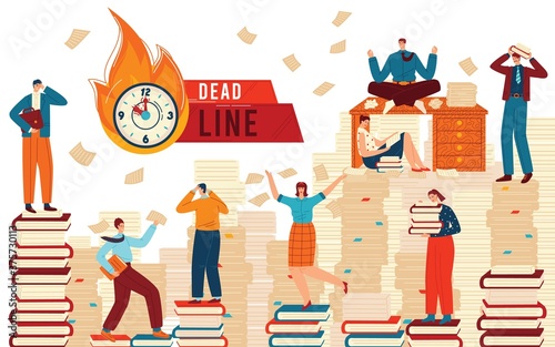 Office paper work vector illustration. Cartoon tiny employee manager team characters overwork, sitting on pile of books and paper documents in mess, deadline tasks, time management concept background