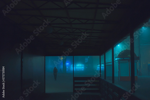 moody foggy nihgt city landscape, colorful lights in the fog photo