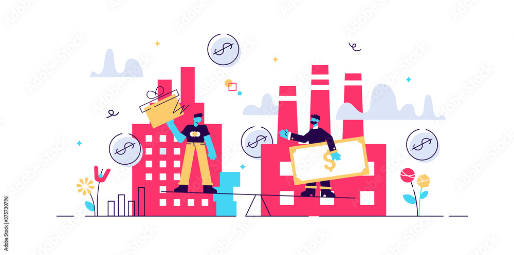 Microeconomics vector illustration. Flat tiny local business persons concept. Increase money profit stats and product positive value. Individual company resources price balance. Economy study basics.