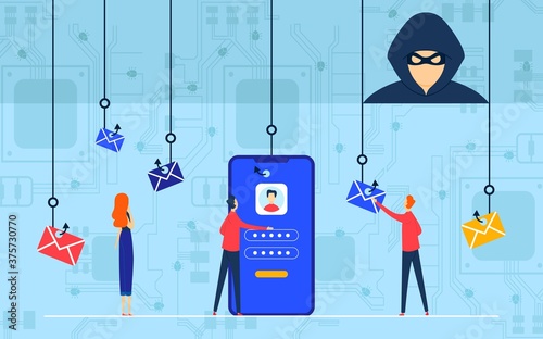Phishing attack vector illustration. Cartoon flat hacker cyber criminal character using fishing hook, online attacked smartphone with personal files data information, cybercrime concept background