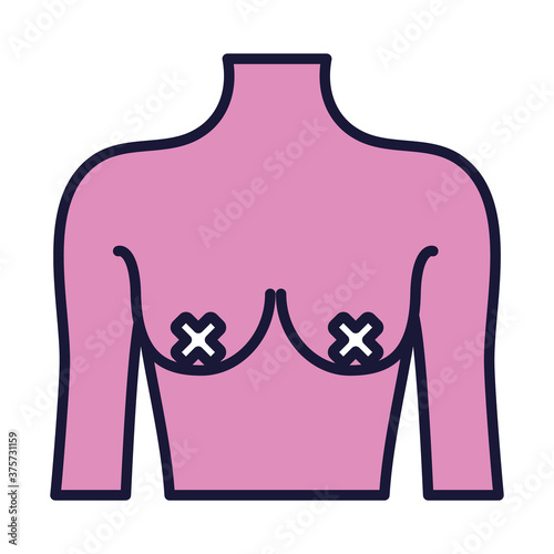 feminism concept, naked female body showing the breast with crosses on the nipples, line and fill style
