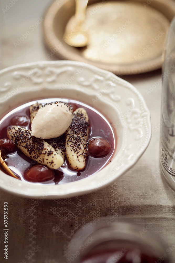 Poppy seed noodles on spicy cherry compote Poppy seed noodles on spicy cherry compote