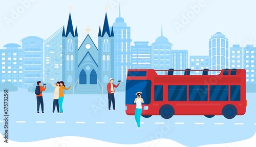 People on city travel bus tour vector illustration. Cartoon flat traveler tourist characters group visiting sightseeing, photographing cityscape landmark with photo camera, tourism vacation background