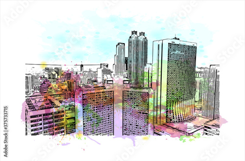 Building view with landmark of Atlanta is the capital of the U.S. state of Georgia. Watercolor splash with hand drawn sketch illustration in vector.