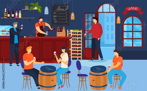 People drink wine vector illustration. Cartoon fat man woman couple or friends characters have fun together, talking and drinking alcohol wine drink from glasses in pub or bar interior background